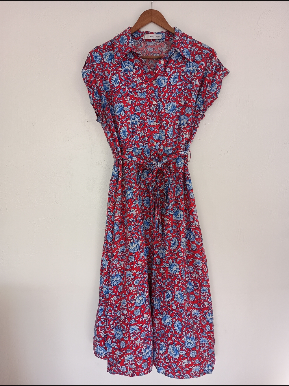 Mango Red Floral Shirt Dress with Blue White Flowers